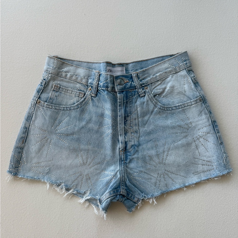 Zara Sequined Denim Midrise Rhinestone Jean Shorts